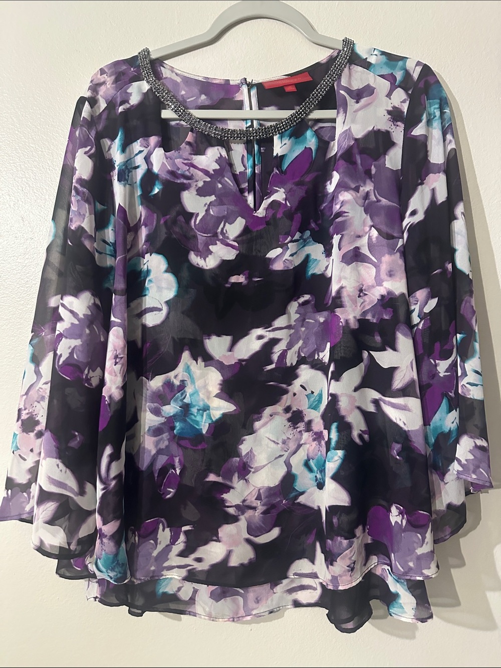 Jennifer lopez Chiffon Floral Print Blouson Top in Purple and Teal Sz XL